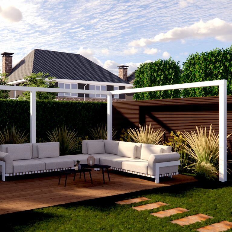 Práškom lakovaná oceľová pergola rohové usporiadanie 600 x 412 cm