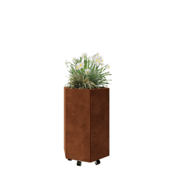 Cortenový kvetináč - Šesťuholník - 59,3 x 52 x 80 cm - So spodnou doskou - S kolieskami