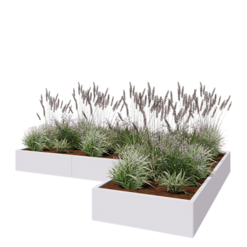 Oceľový kvetináč - L-tvar - 300 x 200 x 30 cm - RAL9010 matný (biela) - Bez spodnej dosky