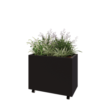 Oceľový kvetináč - Obdĺžnik - 80 x 40 x 60 cm - RAL9005 matný (čierny) - So spodnou doskou - S kolieskami
