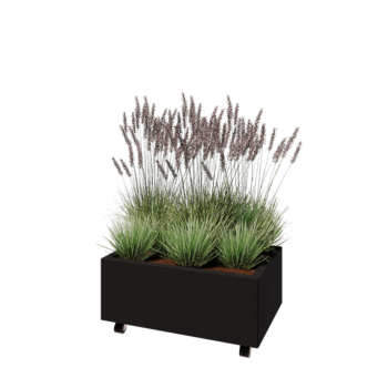 Oceľový kvetináč - Obdĺžnik - 80 x 50 x 30 cm - RAL9005 matný (čierny) - So spodnou doskou - S kolieskami