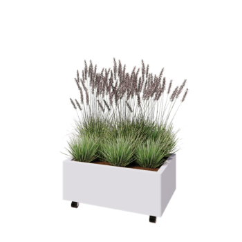 Oceľový kvetináč - Obdĺžnik - 80 x 50 x 30 cm - RAL9010 matný (biela) - So spodnou doskou - S kolieskami