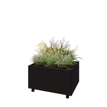 Oceľový kvetináč - Obdĺžnik - 80 x 60 x 40 cm - RAL9005 matný (čierny) - So spodnou doskou - S kolieskami