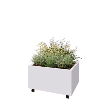 Oceľový kvetináč - Obdĺžnik - 80 x 60 x 40 cm - RAL9010 matný (biela) - So spodnou doskou - S kolieskami
