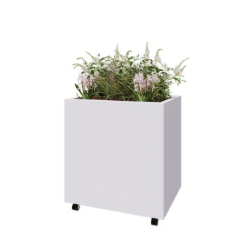 Oceľový kvetináč - Obdĺžnik - 80 x 60 x 80 cm - RAL9010 matný (biela) - So spodnou doskou - S kolieskami