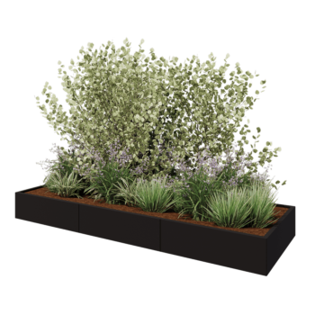 Oceľový kvetináč XXL - Obdĺžnik - 300 x 100 x 30 cm - RAL9005 matný (čierny) - So spodnou doskou