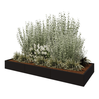 Oceľový kvetináč XXL - Obdĺžnik - 300 x 120 x 30 cm - RAL9005 matný (čierny) - So spodnou doskou