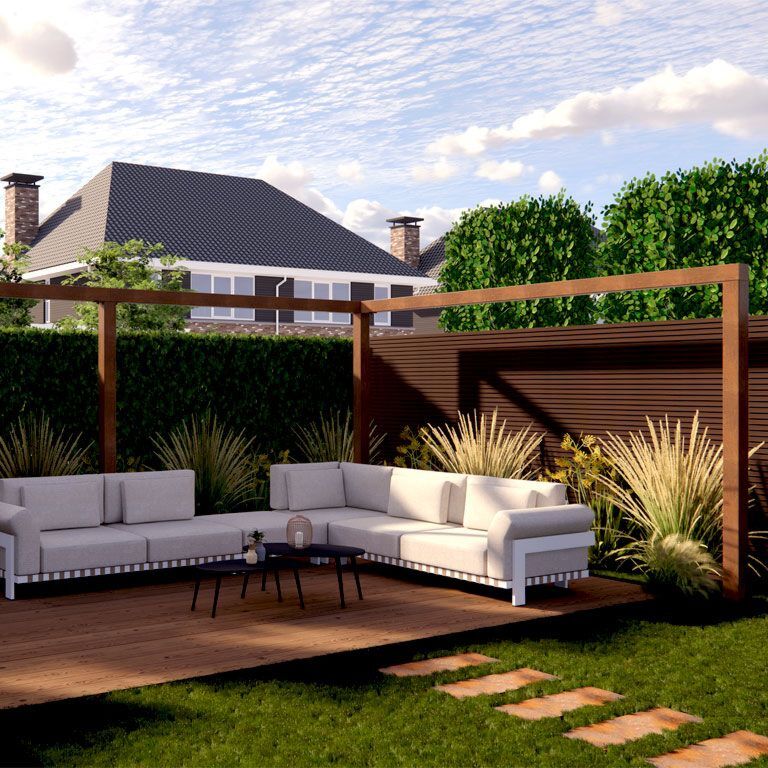 Pergola z cortenovej ocele rohové usporiadanie 600 x 412 cm