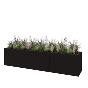 Oceľový kvetináč XXL - Obdĺžnik - 360 x 60 x 80 cm - RAL9005 matný (čierny) - So spodnou doskou