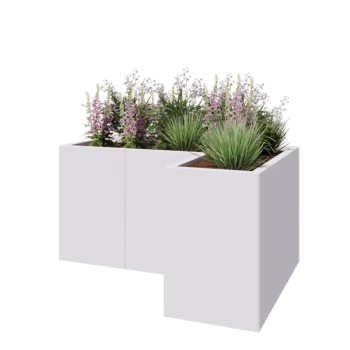Oceľový kvetináč - L-tvar - 120 x 80 x 60 cm - RAL9010 matný (biela) - So spodnou doskou