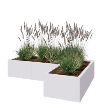 Oceľový kvetináč - L-tvar - 150 x 100 x 30 cm - RAL9010 matný (biela) - So spodnou doskou