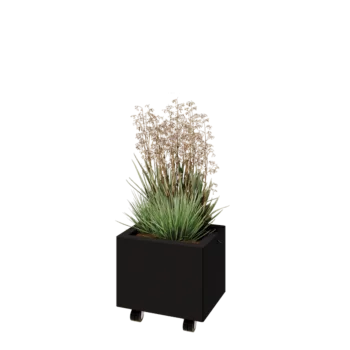 Oceľový kvetináč - Obdĺžnik - 40 x 30 x 30 cm - RAL9005 matný (čierny) - So spodnou doskou - S kolieskami