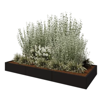 Oceľový kvetináč XXL - Obdĺžnik - 300 x 120 x 30 cm - RAL9005 matný (čierny) - So spodnou doskou